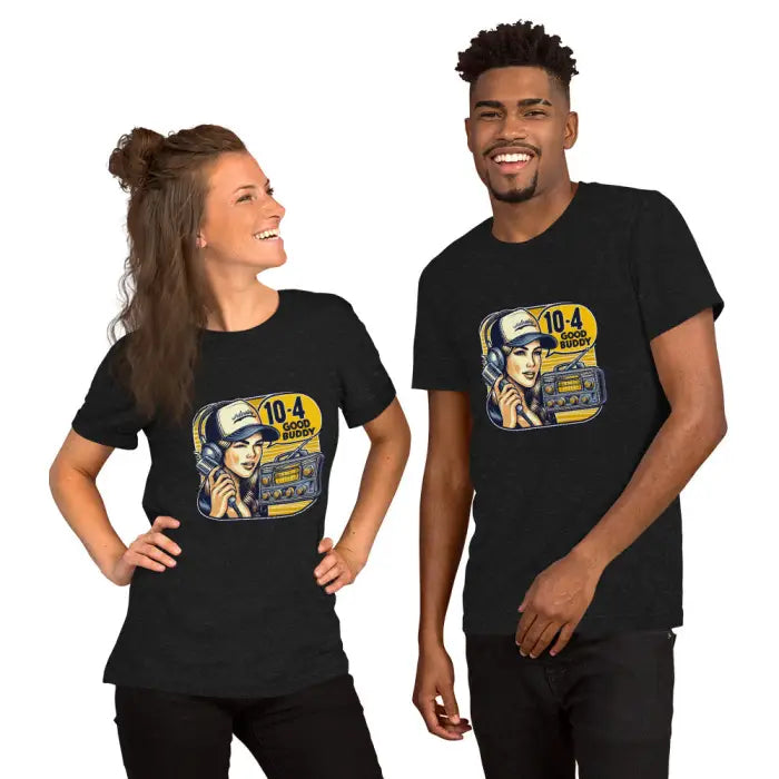 Matching black graphic tees.