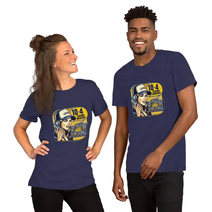 Matching navy blue t-shirts.