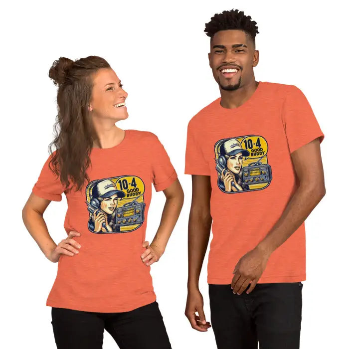 Matching orange t-shirts.