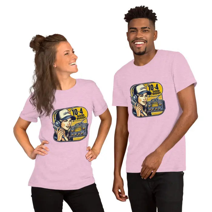 Matching pink t-shirts.
