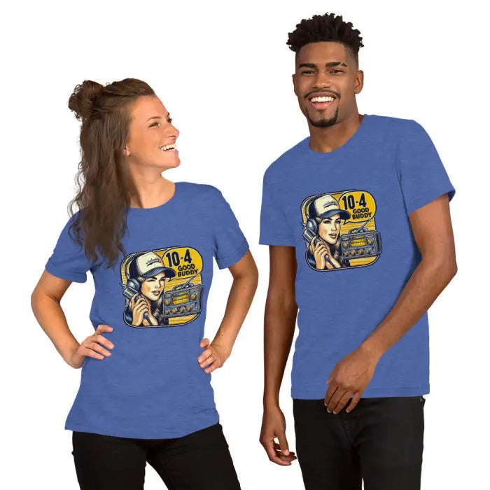 Matching blue t-shirts.