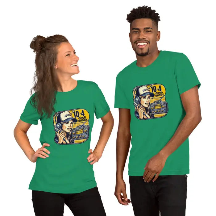 Matching green t-shirts.