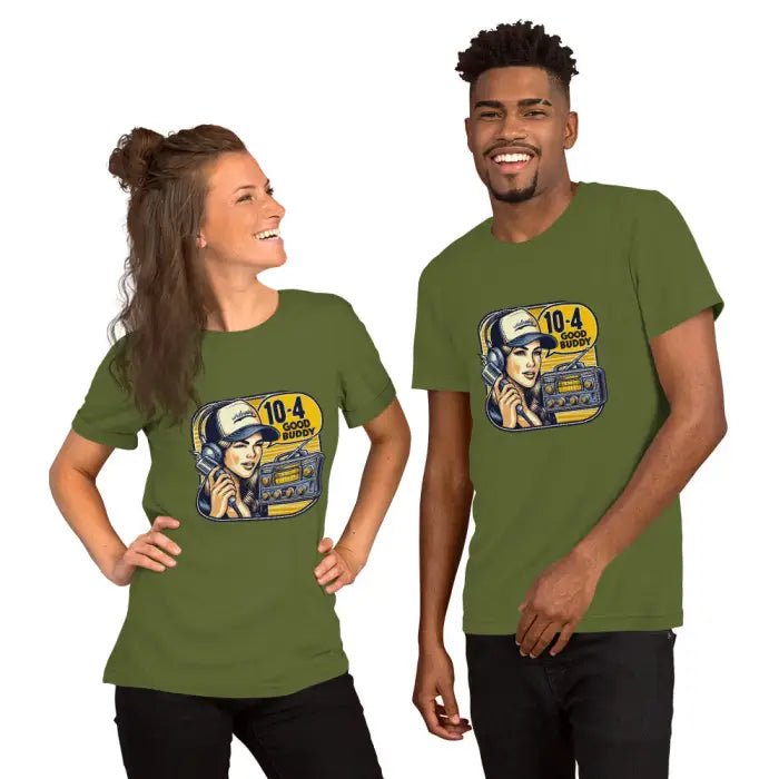 Matching olive green t-shirts.