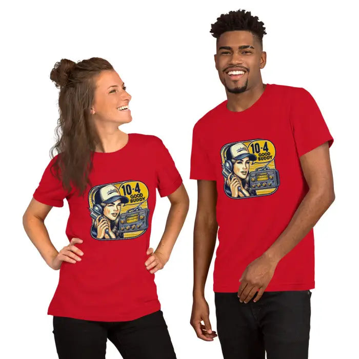 Matching red graphic tees.