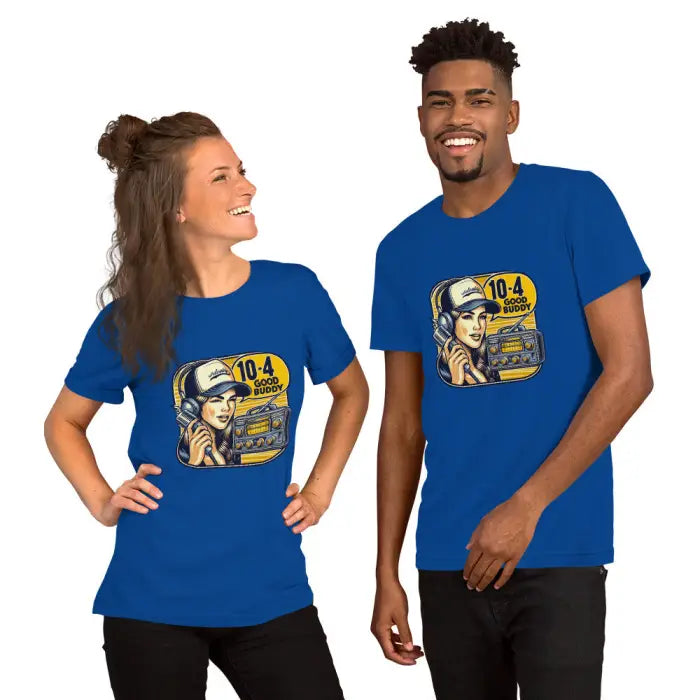 Two blue t-shirts with a retro radio graphic.