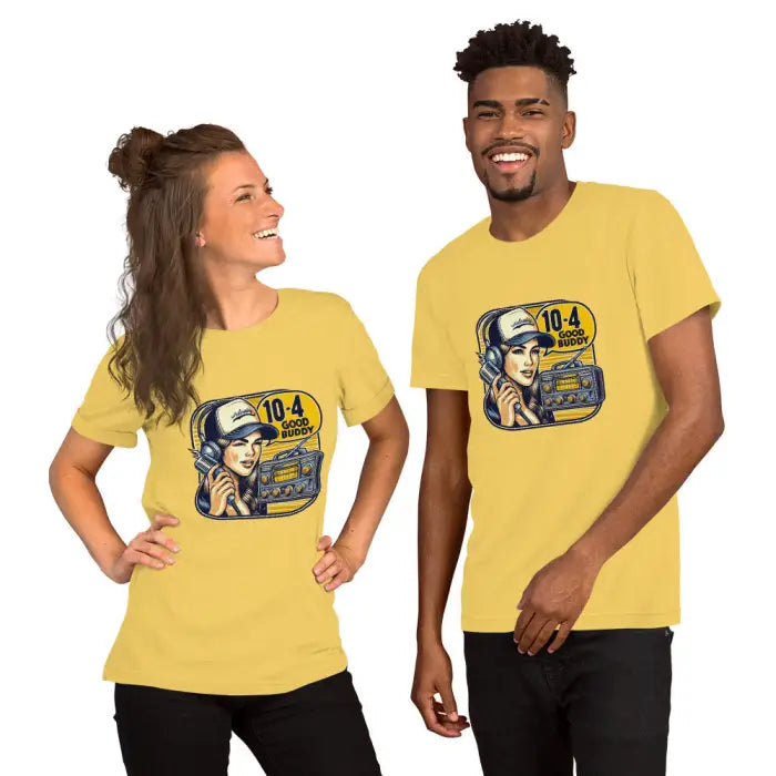 Matching yellow graphic tees.
