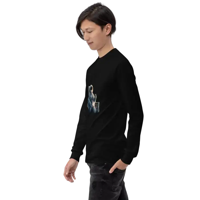 Black long-sleeved shirt with graphic.