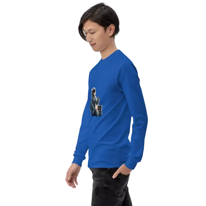 Blue long-sleeved shirt.