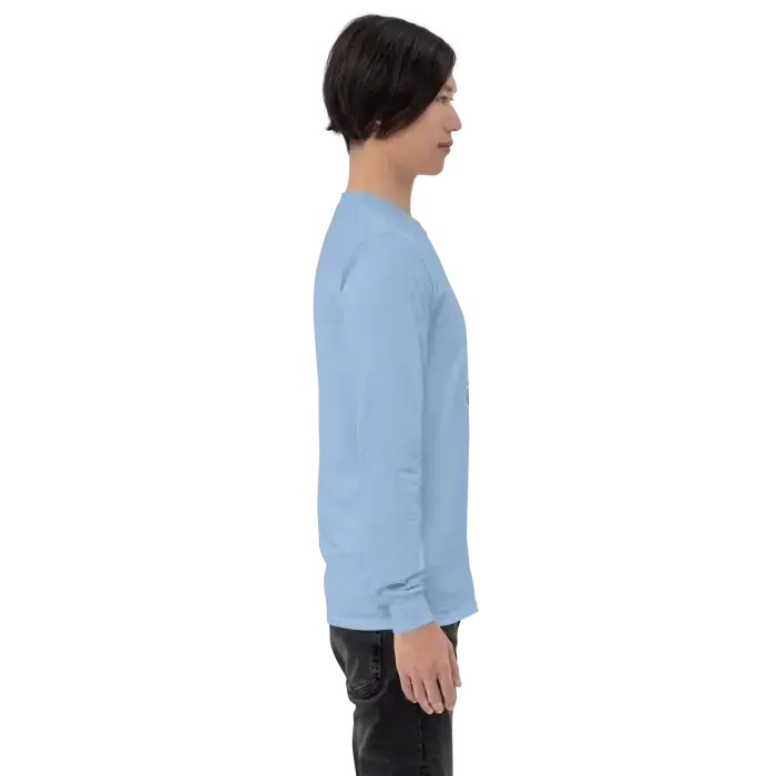 Light blue long-sleeved shirt.