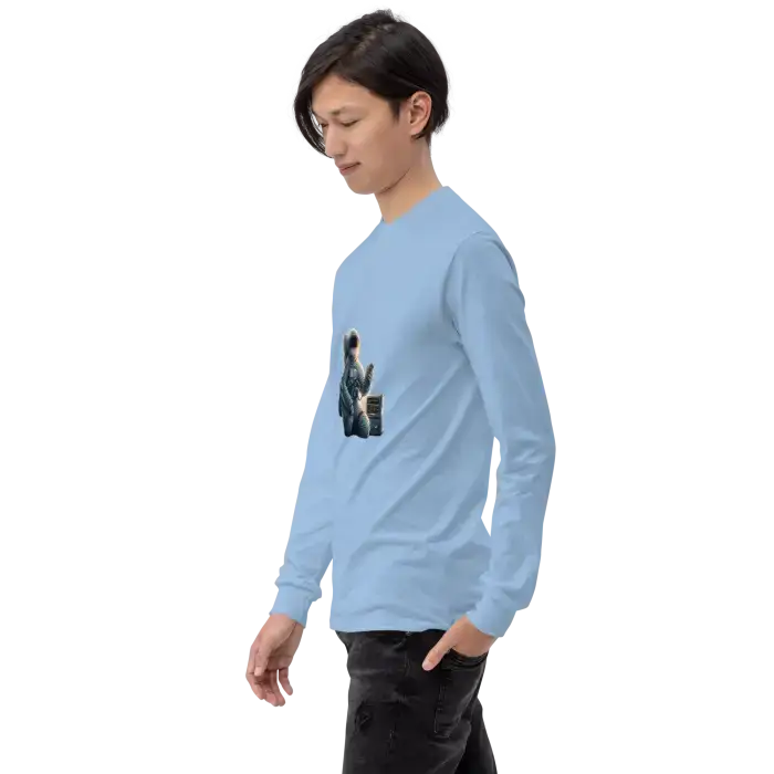 Light blue long-sleeved shirt.
