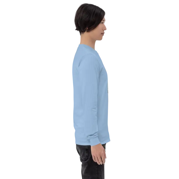 Light blue long-sleeved shirt.