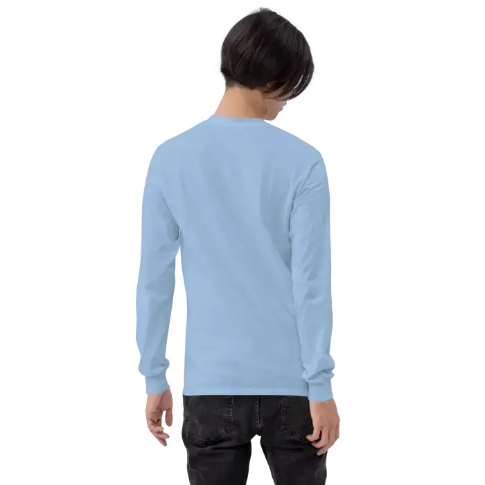 Light blue long-sleeved shirt.