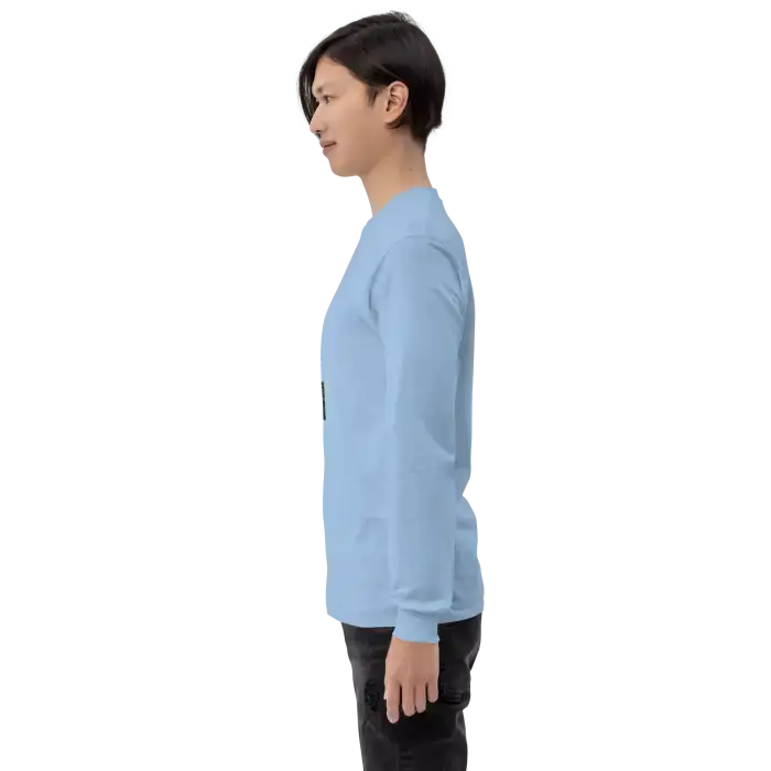 Light blue long-sleeved shirt.