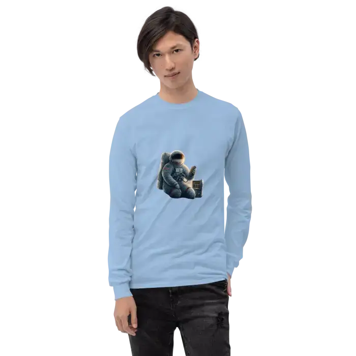 Light blue long-sleeved shirt.