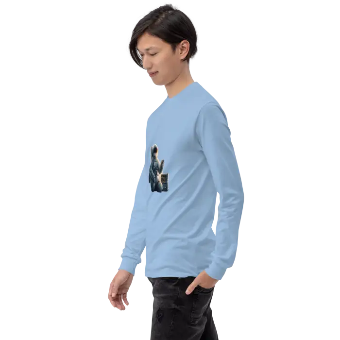 Light blue long-sleeved shirt.