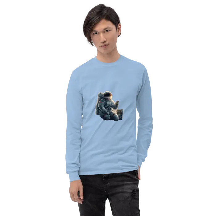 Light blue long-sleeved shirt with astronaut graphic.
