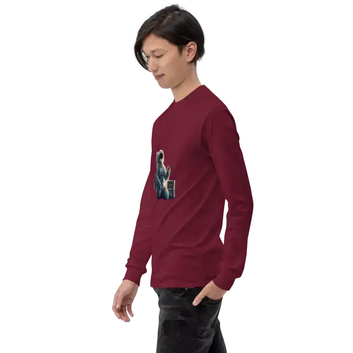 Maroon long-sleeved shirt.