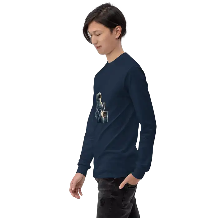 Navy long-sleeved shirt with astronaut graphic.