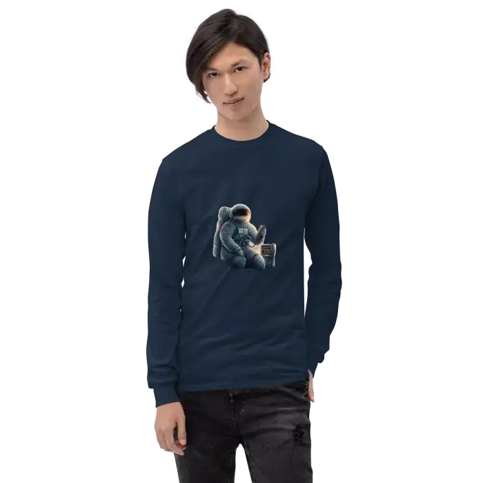 Navy long-sleeved shirt with astronaut graphic.