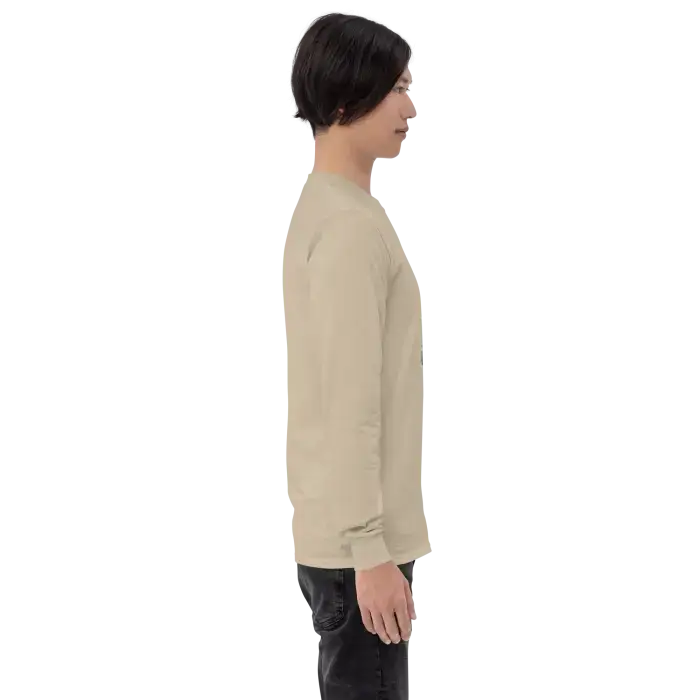 Person wearing a long-sleeved shirt.