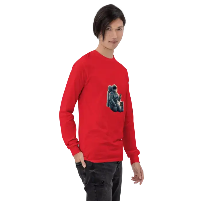 Red long-sleeved shirt with astronaut graphic.