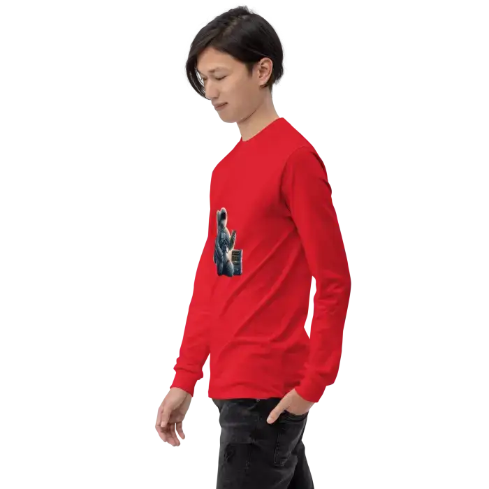 Red long-sleeved shirt with graphic.