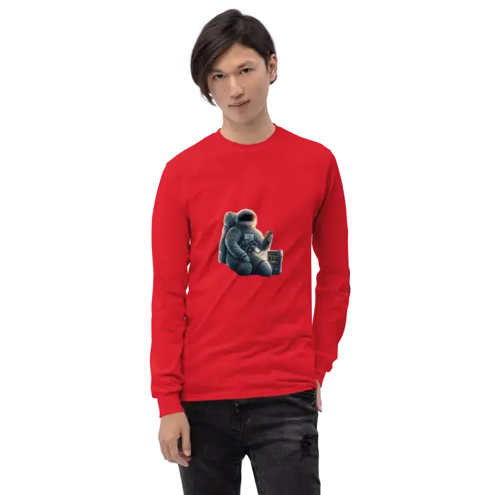 Red long-sleeved shirt with astronaut graphic.