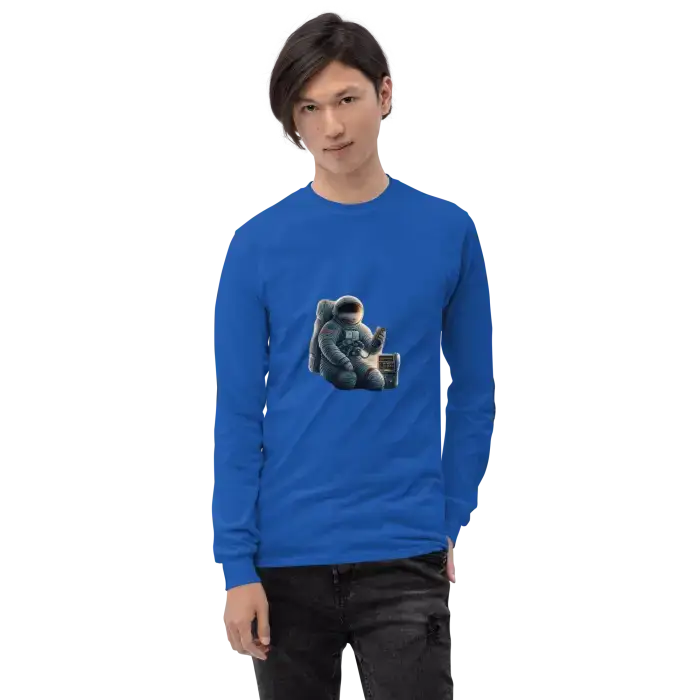 Blue long-sleeved shirt with astronaut graphic.