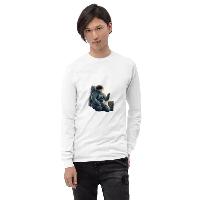 White long-sleeved shirt with astronaut graphic.