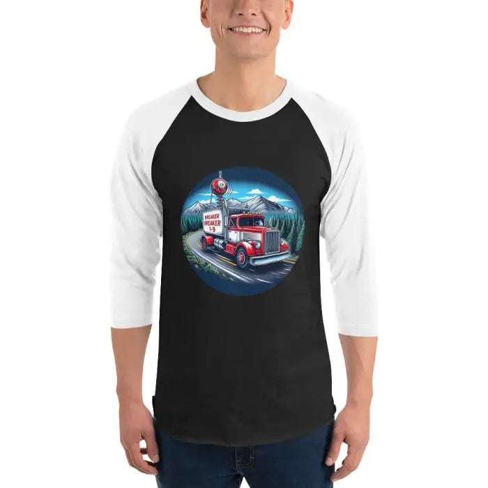 Black and white baseball tee with truck graphic.