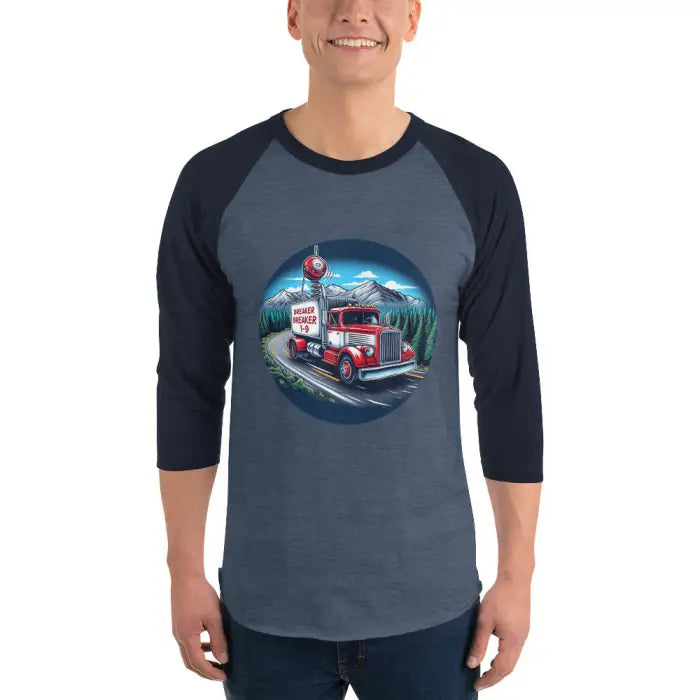 Baseball shirt with truck graphic.