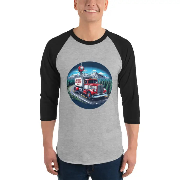 Gray and black baseball tee with truck graphic.