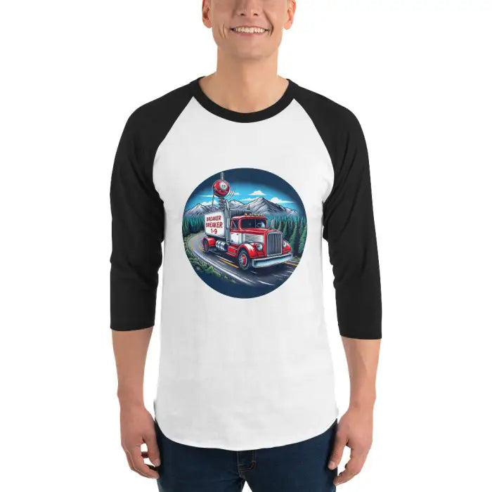Black and white baseball tee with truck graphic.