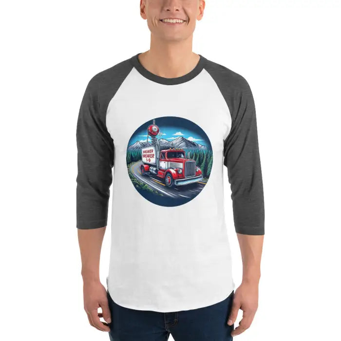 Gray and white baseball tee with truck graphic.
