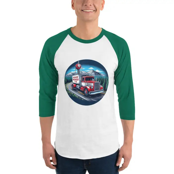 White and green baseball tee with truck graphic.