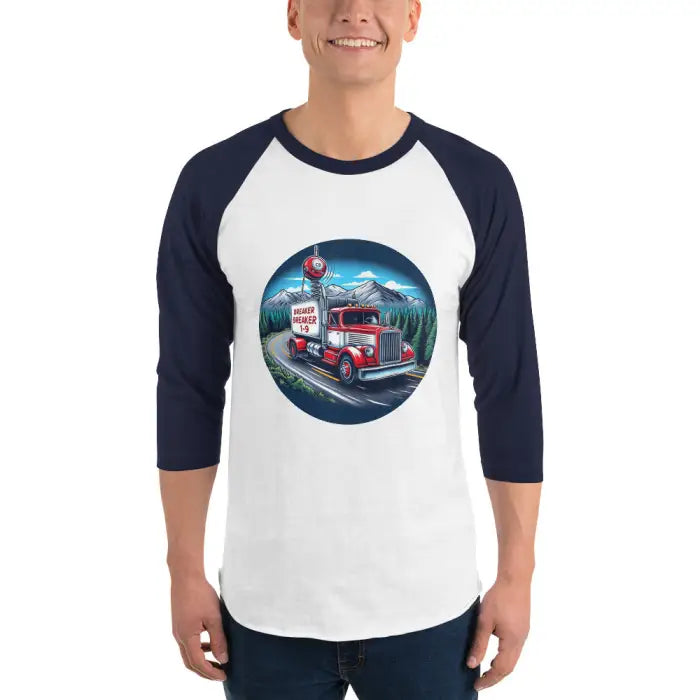 White and navy baseball tee with truck graphic.