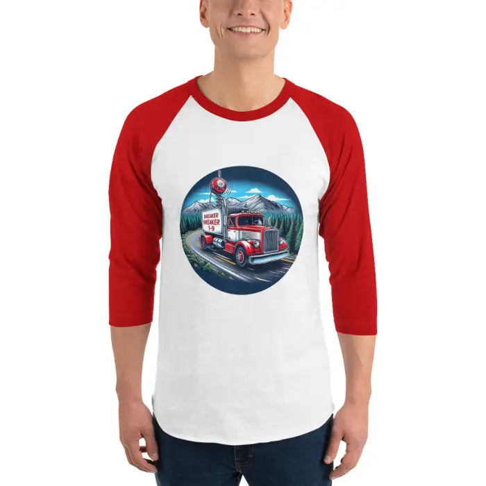 Red and white baseball tee with truck graphic.
