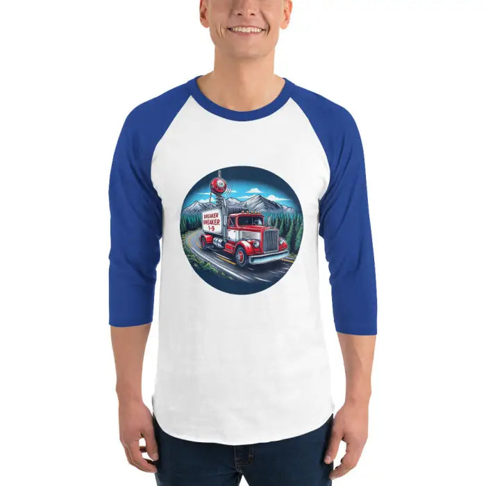 Blue and white baseball tee.