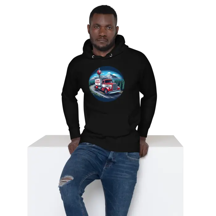 Black hoodie with truck graphic.