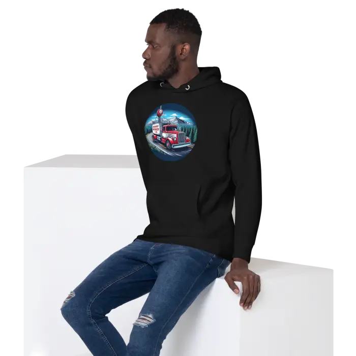 Black hoodie with a truck design.