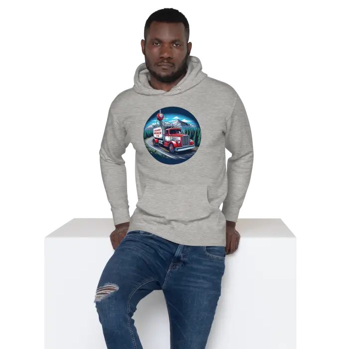 Gray hoodie with truck graphic.