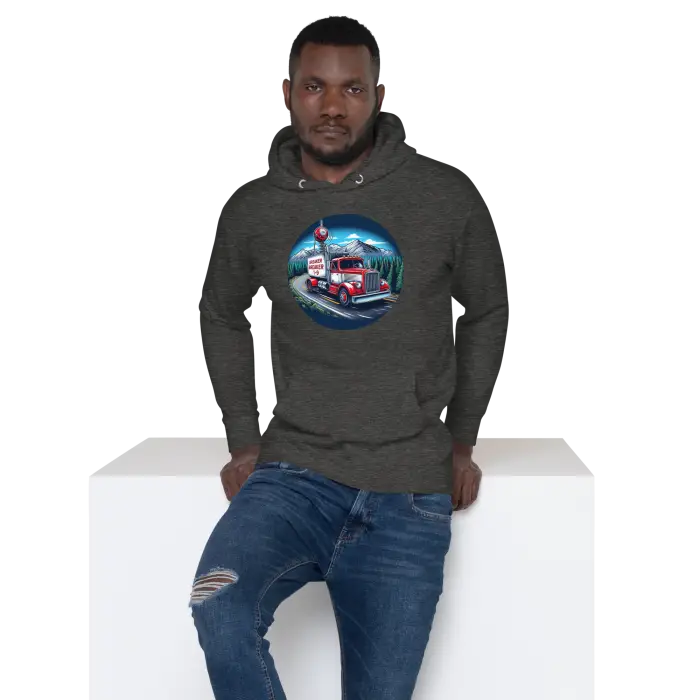 Man wearing a truck-themed hoodie.