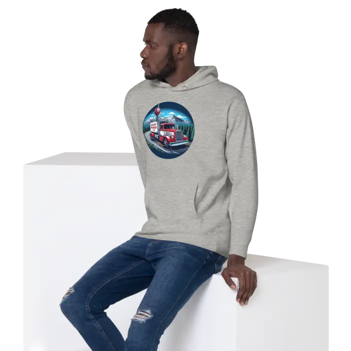 Gray hoodie with truck graphic.
