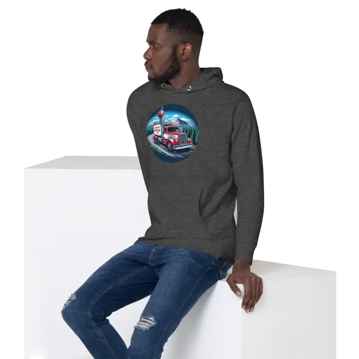Man wearing a hoodie with a truck design.