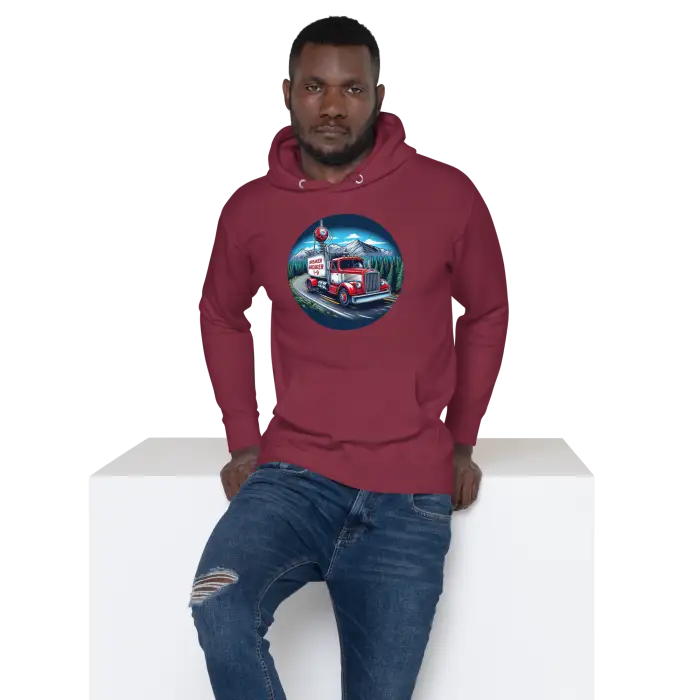Maroon hoodie with truck graphic.