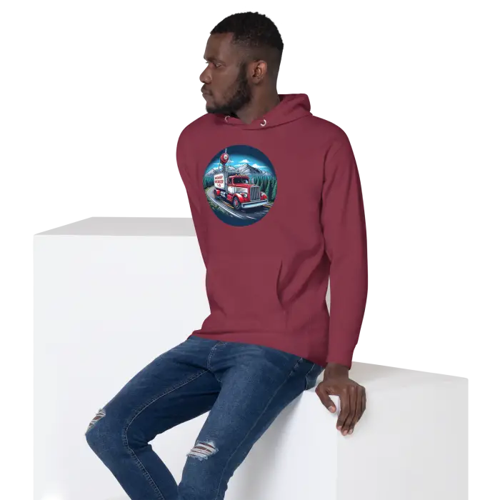 Maroon hoodie with truck graphic.