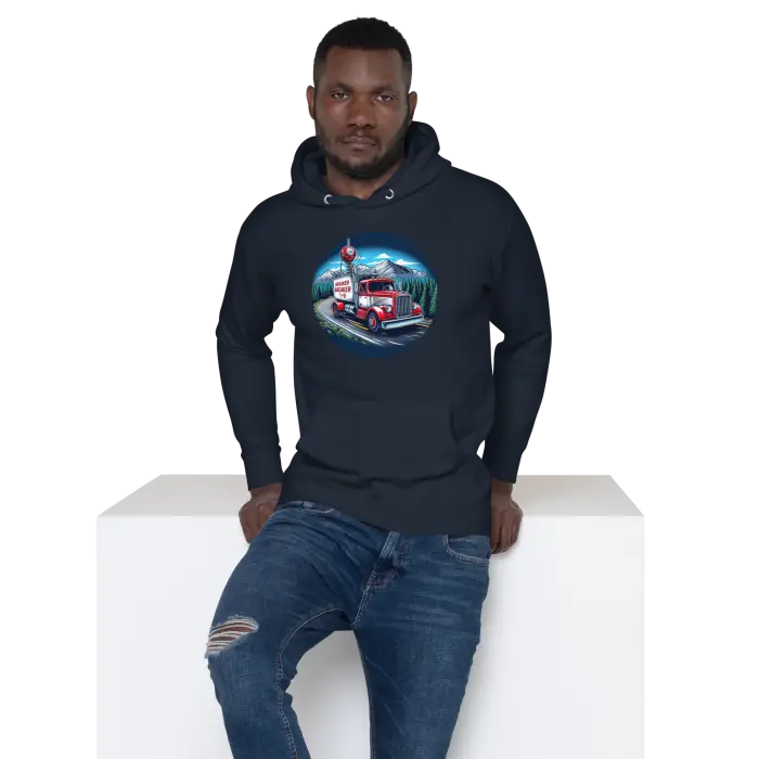 Man wearing a hoodie with a truck design.