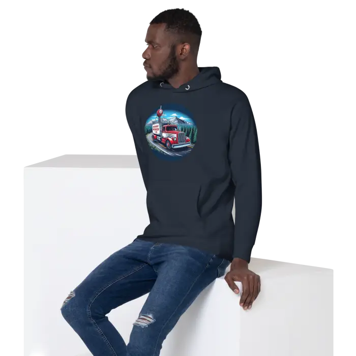 Navy hoodie with a red truck design.