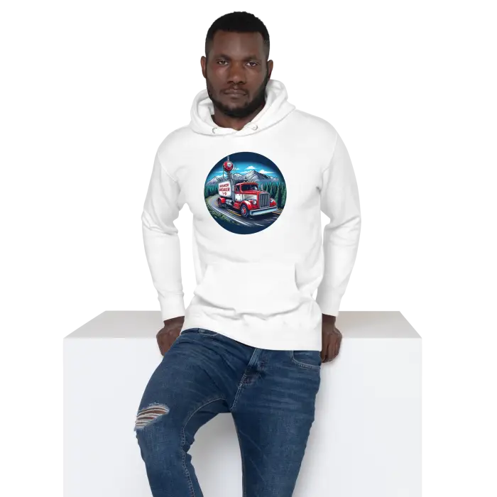 White hoodie with truck graphic.