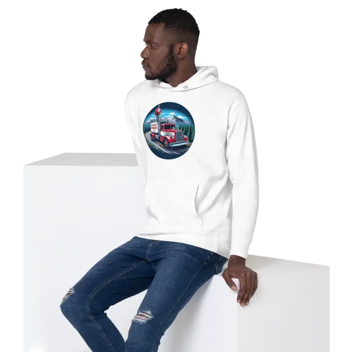 White hoodie with a truck design.